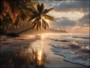 Plaża, Grafika AI, Morze, Palmy, Zachód słońca