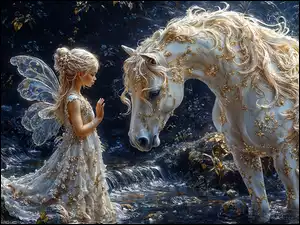 Skrzydła, Koń, Dziewczynka, Fantasy, Biały