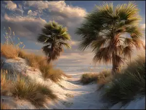 Ocean, Grafika AI, Palmy, Wydmy, Trawy