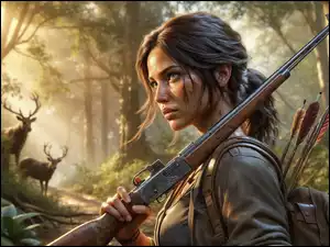 Postać, Lara Croft, Las, Grafika AI, Broń, Jelenie