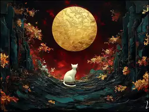 Noc, Las, Drzewa, Grafika, Kot, Biały, Księżyc