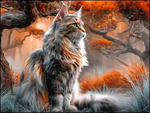 Puszysty, Kot, Trawa, Grafika, Drzewo, Jesień