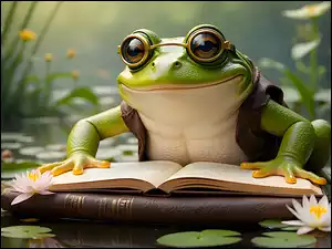 Książki, Grafika, Okulary, Żaba, Lilie wodne