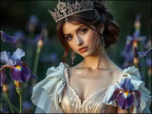 Korona, Dziewczyna, Kwiaty, Grafika AI, Kolczyki, Irysy