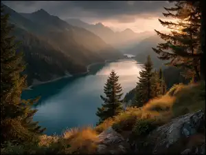 Grafika AI, Jezioro, Góry, Drzewa