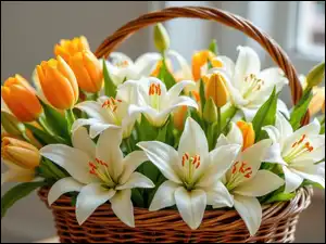 Tulipany, Lilie Kosz, Żółte, Kwiaty, Białe