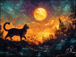 Kot spaceruje wśród kwiatów i drzew w blasku księżyca