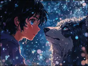 Głowa, Anime, Pies, Chłopiec, Spojrzenia