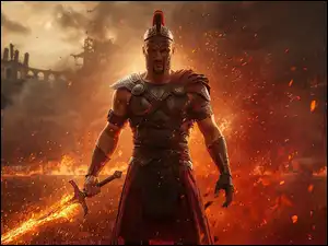 Gladiator z mieczem na arenie w ogniu