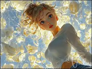 Kobieta, Młoda, Białe, Anime, Blondynka, Kwiaty