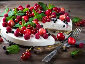 Porzeczki, Ciasto, Wiśnie, Nóż, Sernik, Maliny, Widelec, Owoce