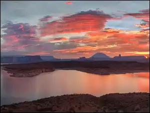 Wschód słońca, Jezioro, Glen Canyon, Arizona, Lake Powell, Skały, Stany Zjednoczone, Kanion