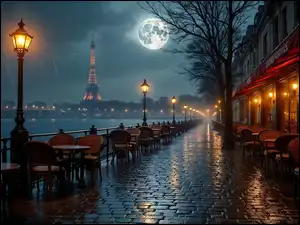 Paryż, Bulwar, Deszcz, Francja, Restauracja, Noc, Grafika AI, Latarnie