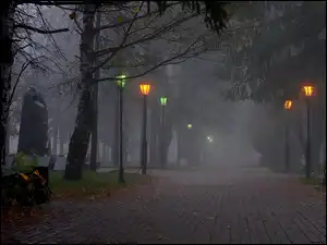 Latarnie, Park, Alejka, Mgła