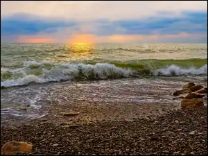 Słońca, Zachód, Kamienie, Brzeg, Morze, Fale