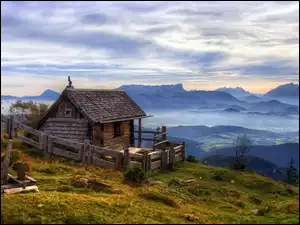 Dolina, Mały, Lasy, Świt, Domek, Mgła, Austria, Góry