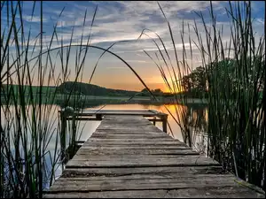 Rosliny, Zachód Słońca, Jezioro, Pomost