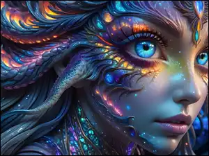 Kolorowe, Fantasy, Twarz, Dziewczyna, Włosy