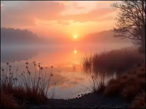 Mgła, Rośliny, Jezioro, Wschód słońca, Drzewa