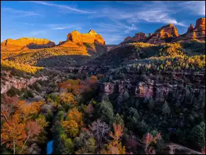 Stany Zjednoczone, Góry, Arizona, Kanion, Creek Canyon, Skały, Kolorowe, Jesień, Drzewa
