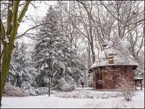 Ławki, Zima, Ośnieżone, Latarnia, Park Szczytnicki, Drzewa, Wrocław, Kościół św Jana Nepomucena