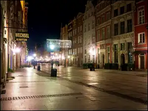 Gdańsk, Miasto, Ulica, Latarnie, Noc, Kamienice