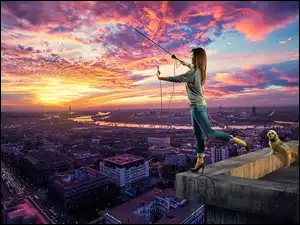 Antena, Miasto, Dach, Dziewczyna, Zachód Słońca