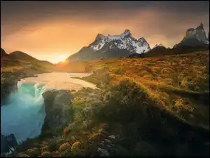 Patagonia, Argentyna, Torres del Paine, Zachód słońca, Góry, Rzeka