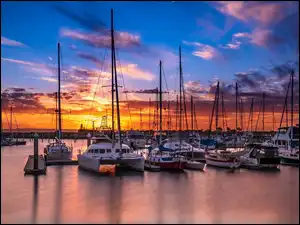 Żaglówki, Morze, Australia, Zachód słońca, Scarborough Boat Harbour, Scarborough Marina, Przystań
