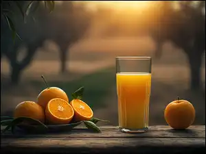 Grafika, Pomarańcze, Sok, Zachód słońca