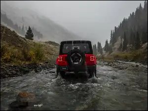 Tył, Rzeka, Jeep Wrangler Rubicon, Czerwony, Deszcz