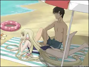 parasol, chłopak, plaża, Chobits, dziewczyna