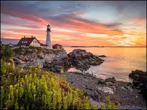 Stany Zjednoczone, Portland Head Light, Stan Maine, Zatoka Casco, Cape Elizabeth, Morze, Skały, Latarnia morska, Rośliny