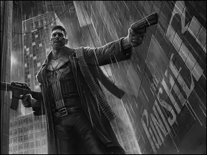 Deszcz, Frank Castle, Broń, Mężczyzna, Serial, Film, Grafika, The Punisher, Czarno-białe, Budynki