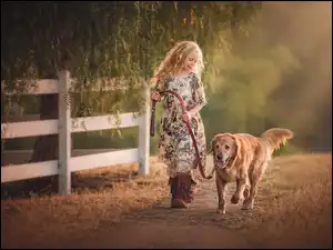 Dziewczynka prowadzi na smyczy psa rasy Golden retriever