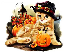 Grafika, Kotek, Jesień, Halloween