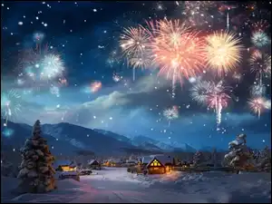 Drzewa, Śnieg, Domy, Nowy Rok, Wioska, Noc, Światła, Zima, Fajerwerki