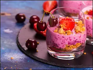 Truskawki, Deser, Pokruszone, Wiśnie, Szklanki, Ciastka, Taca, Jogurt
