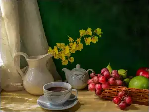 Herbaty, Dzbanek, Kompozycja, Filiżanka, Jabłka, Winogrona, Kwiaty