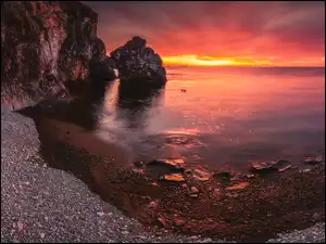 Skały, Kamienie, Morze, Wschód słońca, Brzeg