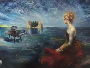Kobieta, Fortepian, Włodzimierza Kuklińskiego, Obraz, Zamek