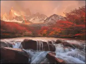 Argentyna, Głazy, Rzeka, Kamienie, Góry Andy, Jesień, Czerwone, Tęcza, Drzewa, Park Narodowy Los Glaciares