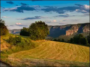 Góry, Drzewa, Droga, Pole, Skały