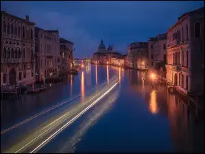 Kanał, Noc, Włochy, Canal Grande, Wenecja, Domy, Oświetlone