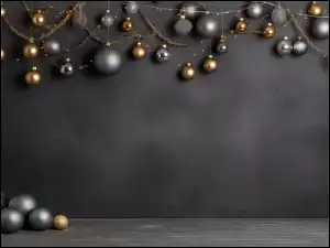 Złote i srebrne bombki wiszące na szarym tle