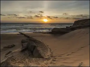 Piasek, Zachód słońca, Plaża, Morze, Ślady