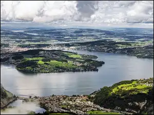 Jezioro Czterech Kantonów, Szwajcaria, Niebo, Chmury, Wzgórza