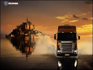 Zamek, Słońca, Scania, Ciężarówka, Zachód