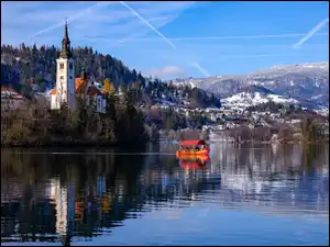 Alpy Julijskie, Kościół Zwiastowania Marii Panny, Słowenia, Góry, Lake Bled, Jezioro, Łódka