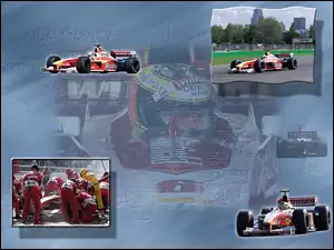 bolid, opony, mechanicy, Formuła 1, spojler, koła, kask